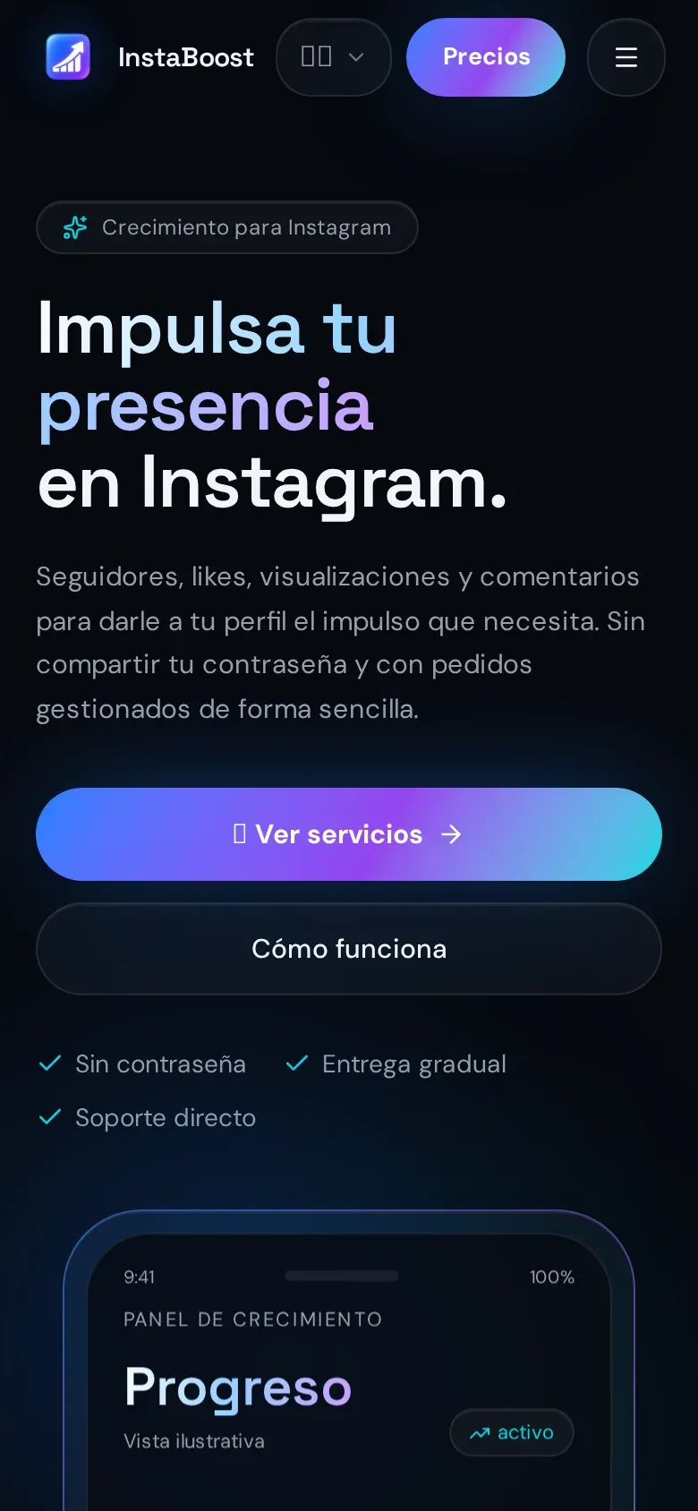 Versión móvil de InstaBoost Growth